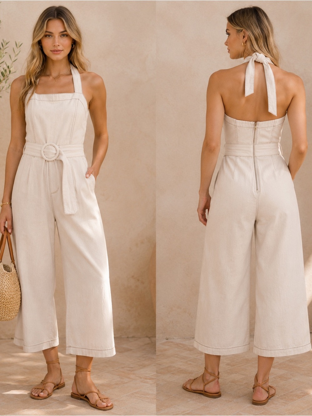 Moon River Square Neck Belted Halter Denim Jumpsuit Cream Cropped Wide Leg